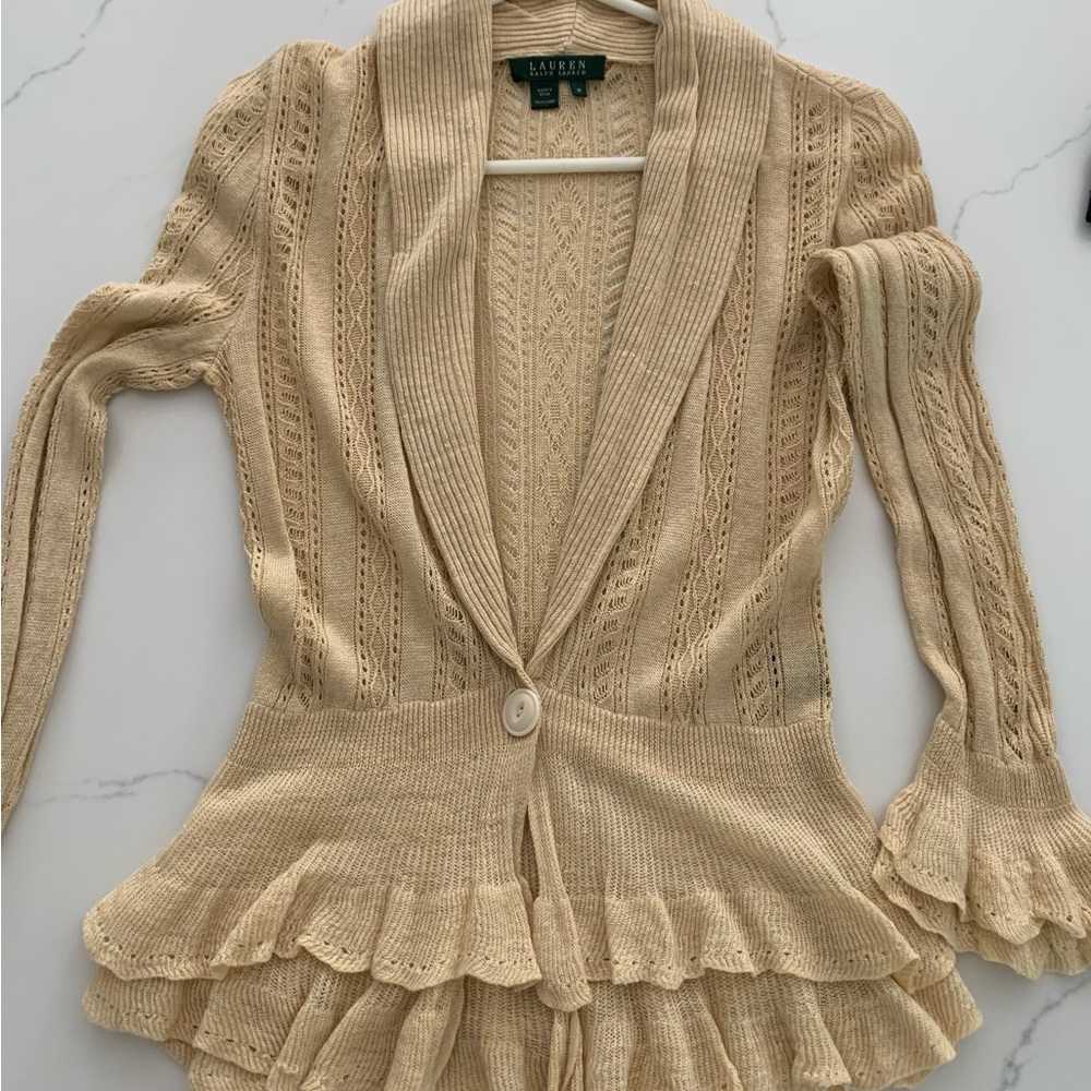 Lauren Ralph Lauren Beige Knit Ruffle Hem Cardigan